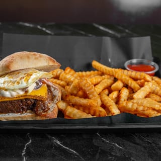 Burger Eggsplosion with Fries